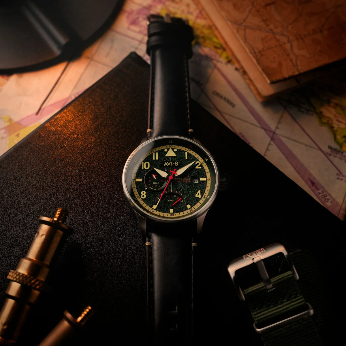 AVI-8 Hawker Hurricane McKellar Men's Green Dual Time Watch, view 3