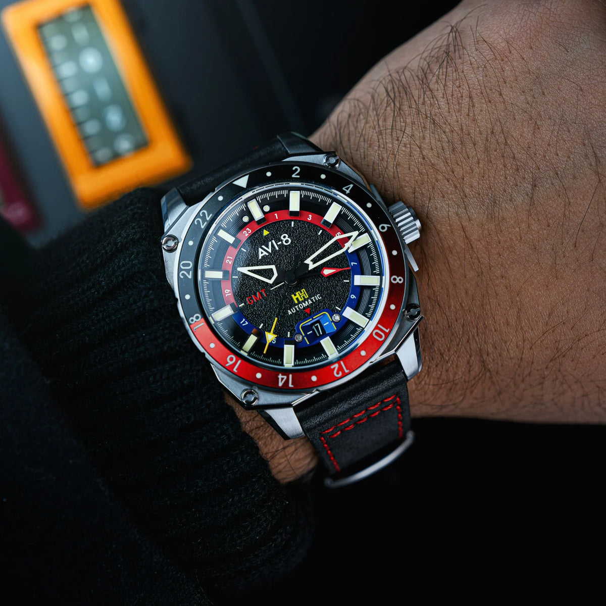 AVI-8 Hawker Hunter Atlas Men's Black Leather GMT Automatic Watch, view 2