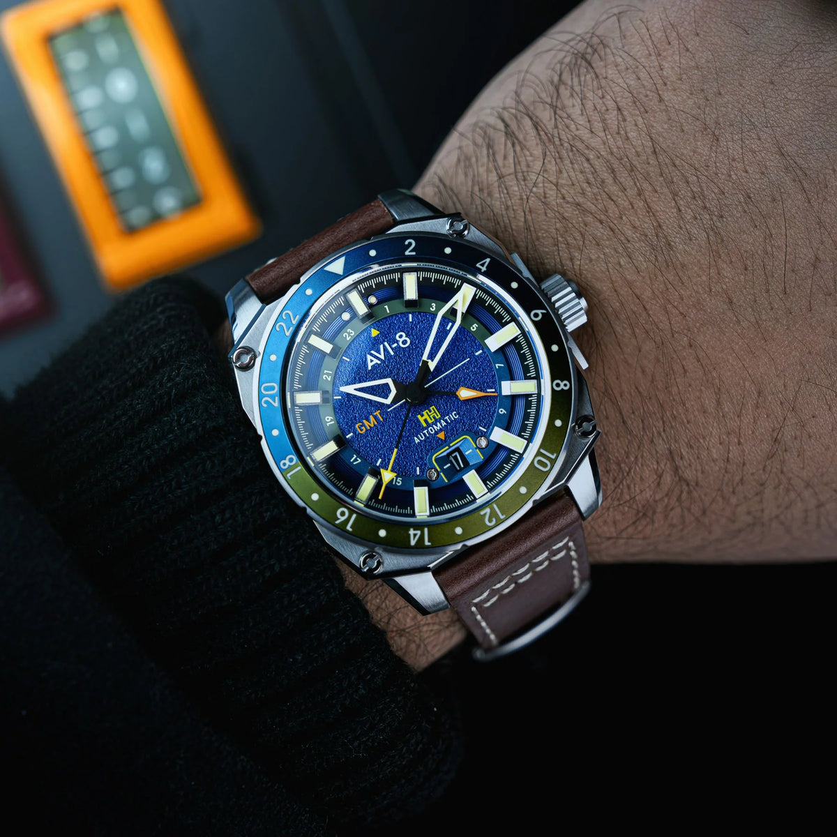AVI-8 Hawker Hunter Atlas GMT Men's Blue Brown Automatic Watch, view 2