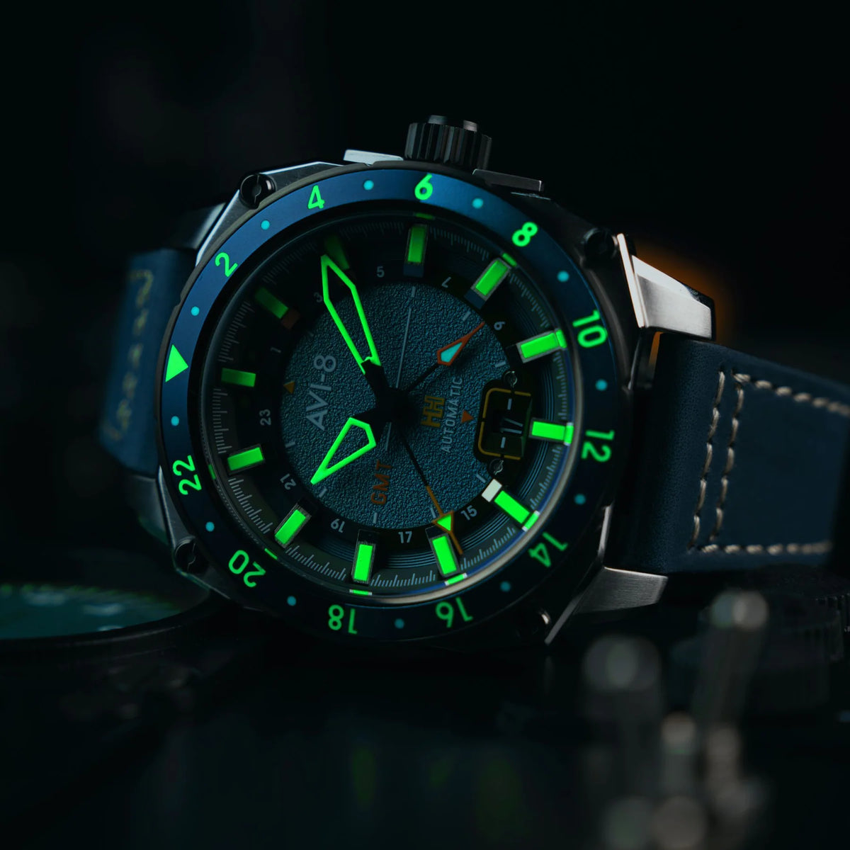 AVI-8 Hawker Hunter Atlas GMT Men's Blue Automatic Watch, view 3
