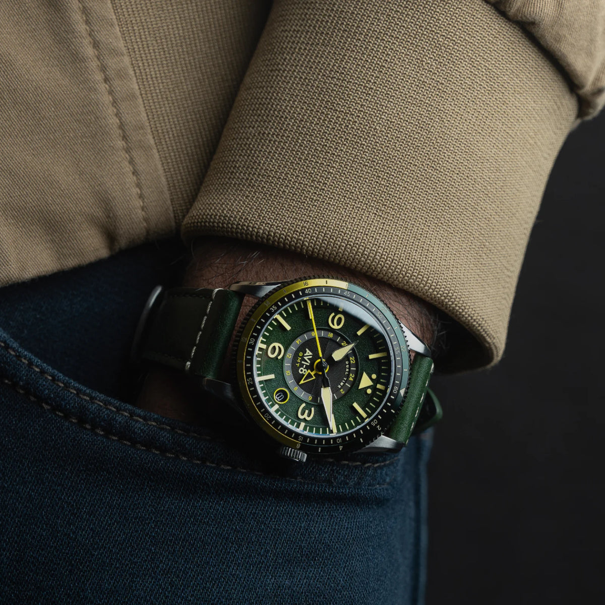 AVI-8 Flyboy Airmaster GMT Men's Green Automatic Watch, view 3