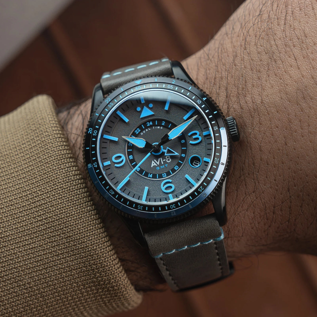 AVI-8 Flyboy Airmaster GMT Men's Grey Blue Automatic Watch, view 2