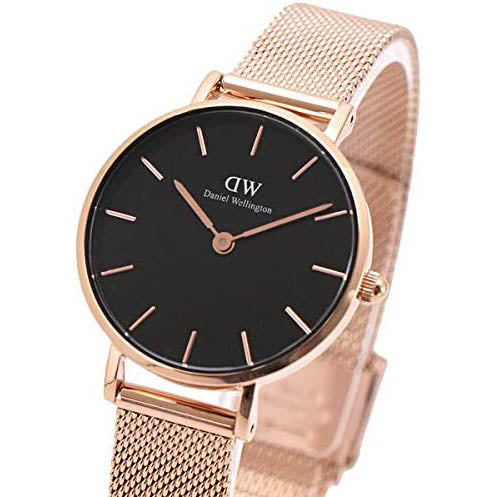 Daniel Wellington Classic Melrose zwarte wijzerplaat roségoud mesh armbandhorloge voor dames