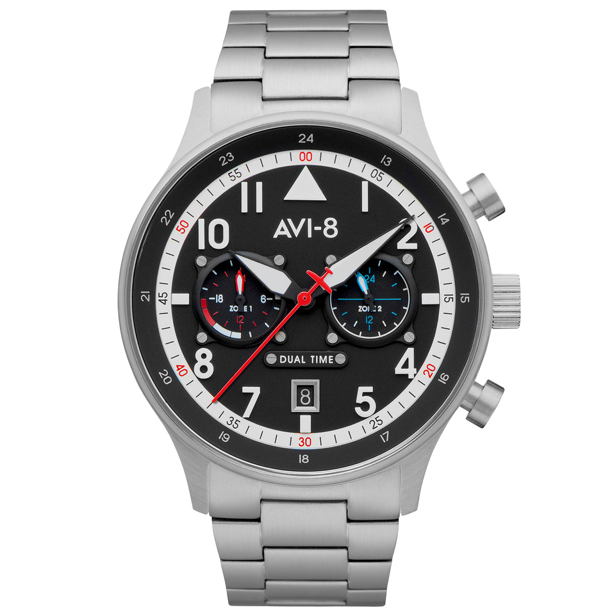 AVI-8 Carey Dual Time Chronograph Black Dial Steel Bracelet Watch