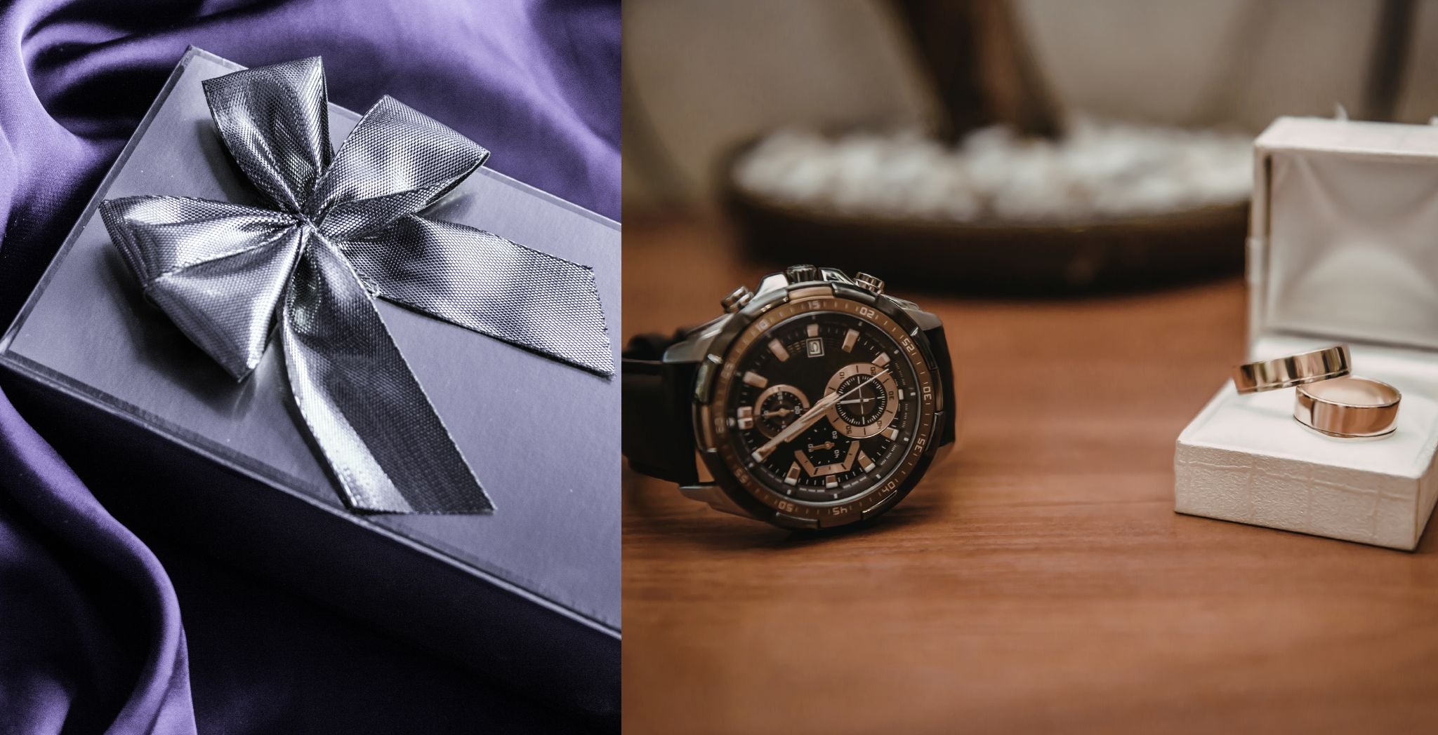 A luxury gift box with a black ribbon on the left, next to a stylish watch and a set of wedding rings in an elegant box on the right.