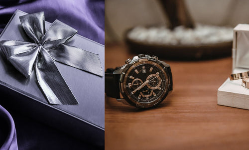 A luxury gift box with a black ribbon on the left, next to a stylish watch and a set of wedding rings in an elegant box on the right.