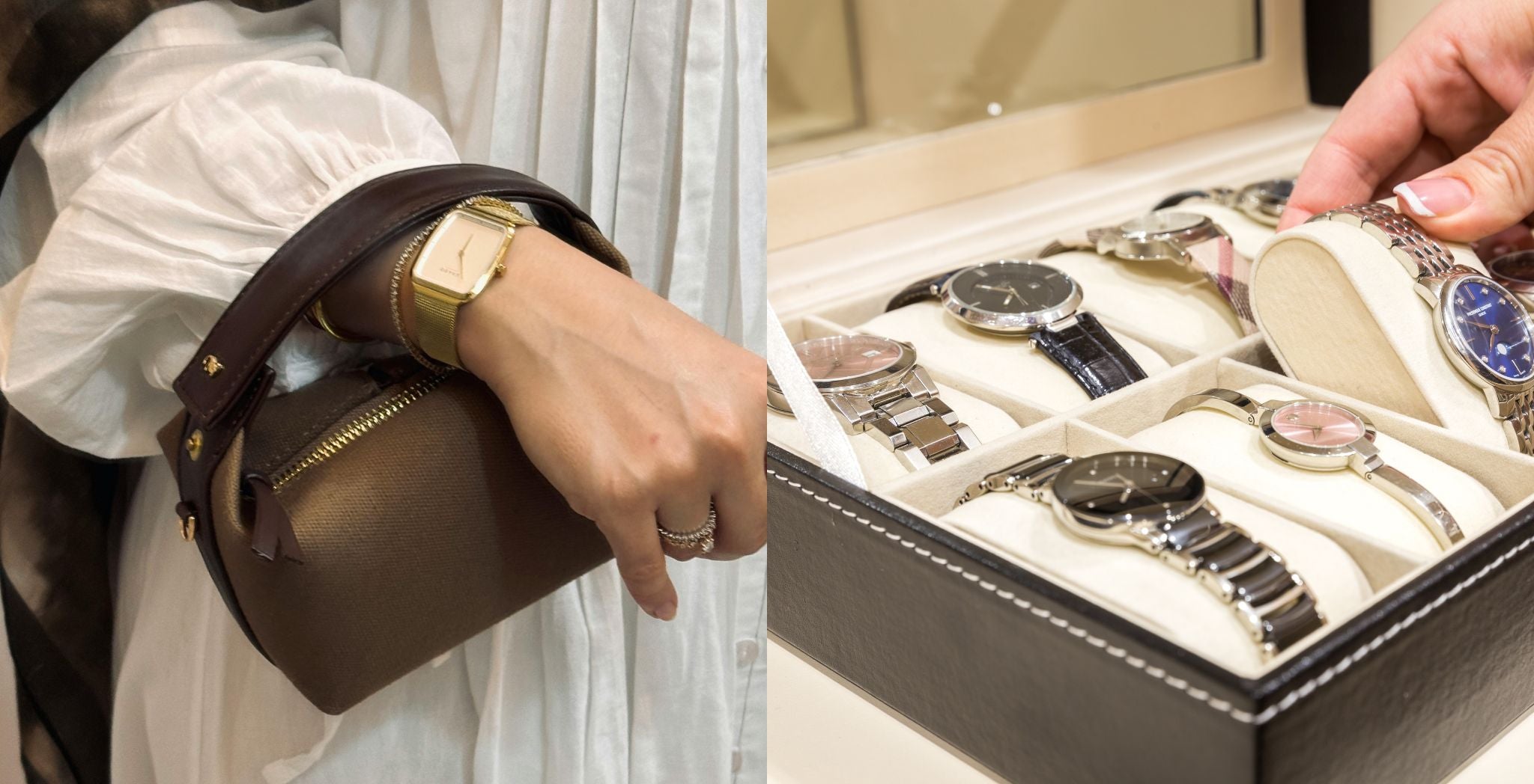 A close-up of a woman wearing a luxury gold watch paired with a designer handbag, next to a watch display case showcasing a variety of elegant timepieces.