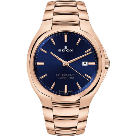 Edox Men's Automatic Watch Les Bèmonts Ultra Slim Blue Rose Gold 42mm 80114 37R BUIR