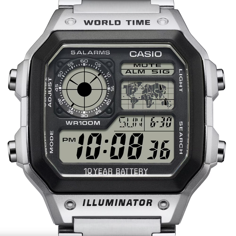 Casio Watch Digital World Time Illuminator Silver AE-1200WHD-1AVDF