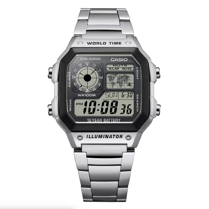 Casio Watch Digital World Time Illuminator Silver AE-1200WHD-1AVDF