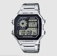 Casio Watch Digital World Time Illuminator Silver AE-1200WHD-1AVDF