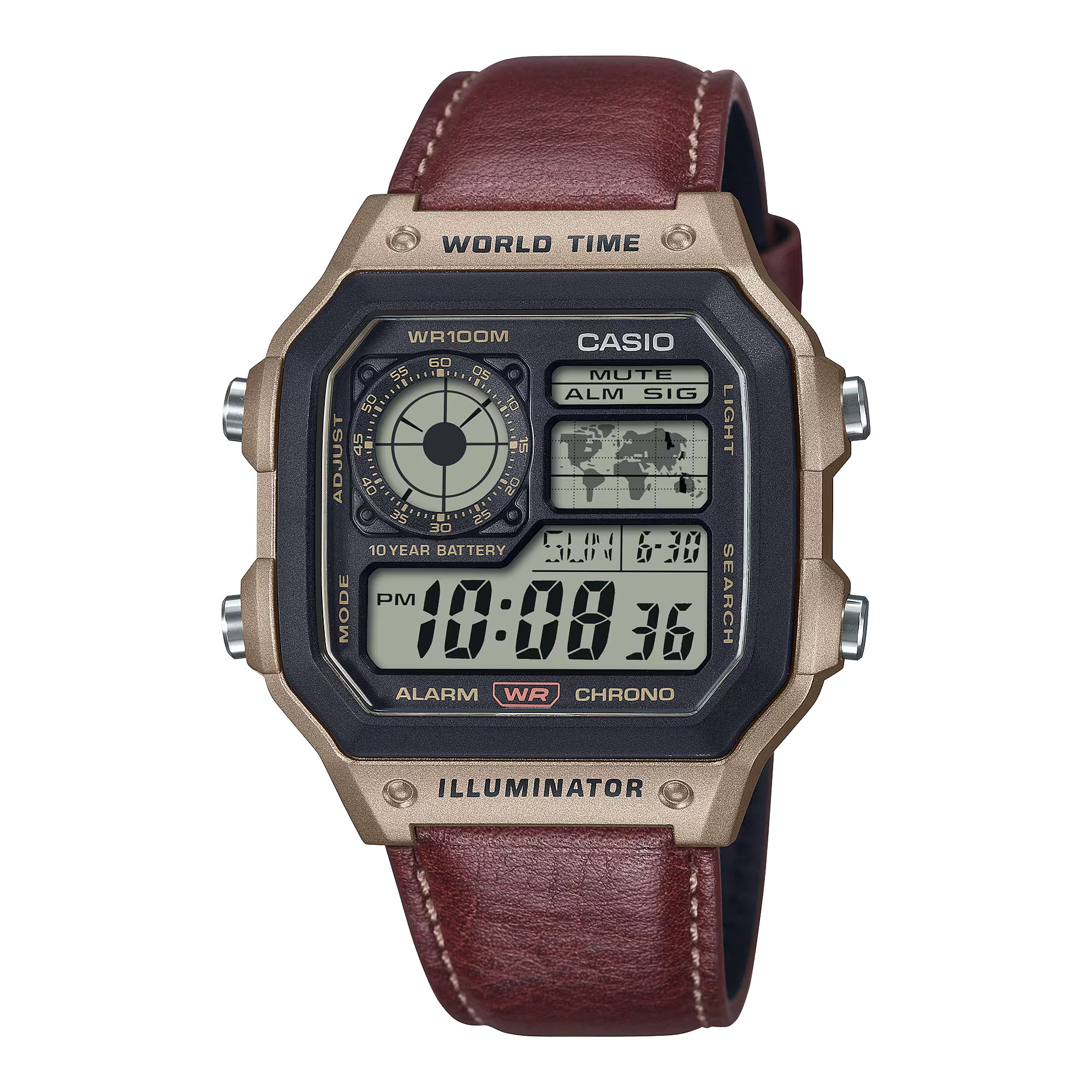 Casio World Time Digital Watch Brown 10 Year Battery