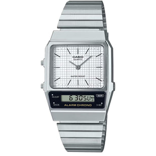 Casio Watch Vintage White Dual Time Steel Flat Link