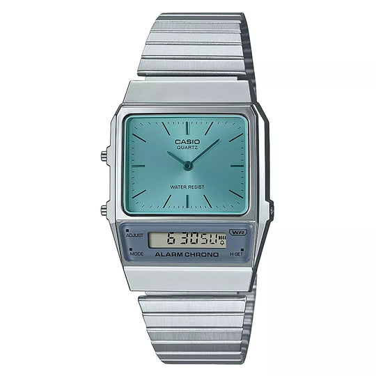 Casio Watch Vintage Blue Dual Time Steel Flat Link AQ-800EC-2ADF