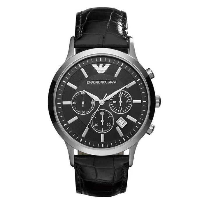 Emporio Armani Renato men's chronograph watch with black dial and black leather strap