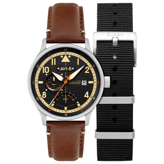 AVI-8 Hawker Hurricane McKellar Men's Black Brown Dual Time Watch AV-4101-0B