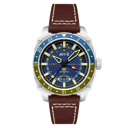 AVI-8 Hawker Hunter Atlas GMT Men's Blue Brown Automatic Watch AV-4122-02
