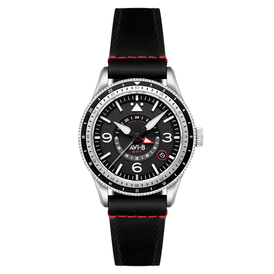 AVI-8 Flyboy Airmaster GMT Men's Black Leather Automatic Watch AV-4128-01