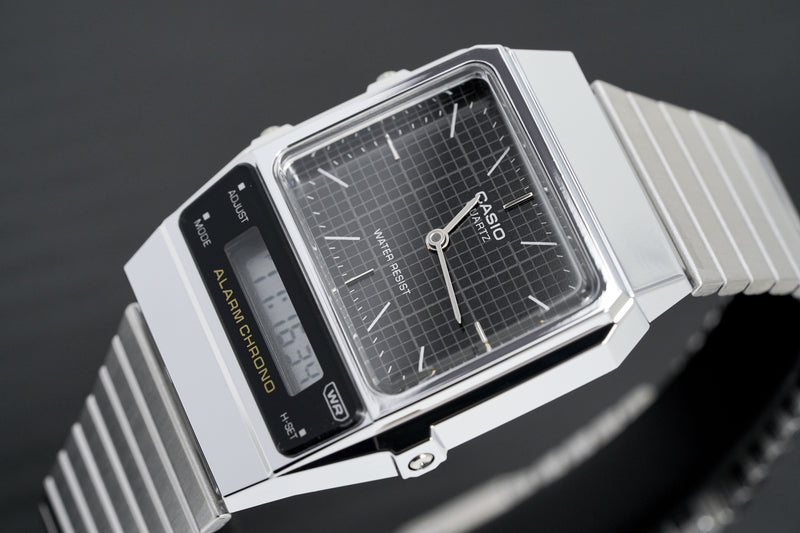 Casio Watch Vintage Dual Time Black Steel Flat Link AQ-800E-1ADF