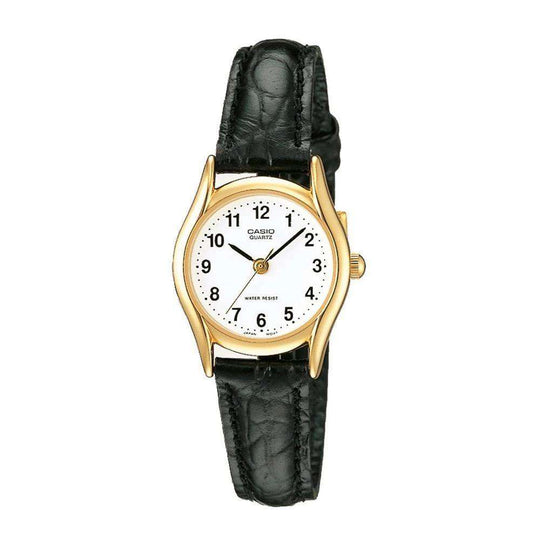 Casio Dress Ladies' Black Leather Analogue Gold Watch LTP-1094Q-7B1RDF
