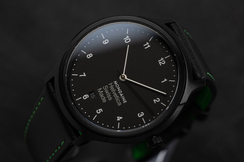 Mondaine Watch Helvetica No1 Black Green MH1.R2221.LB