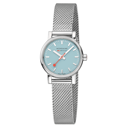 Mondaine evo2 26mm Turquoise Dial Stainless Steel Mesh Watch