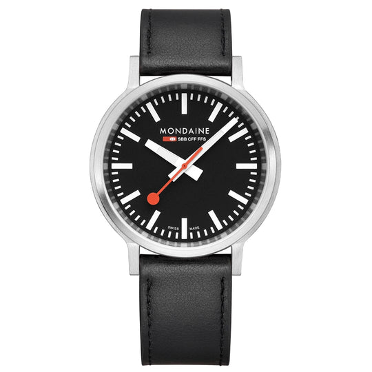 Mondaine Stop2Go Black Dial 41mm Vegan Leather Swiss Watch