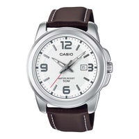 Casio Date Men's Silver Brown Leather Analogue Watch