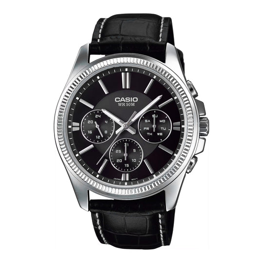Casio Chrono Men's Black Leather Analogue Watch MTP-1375L-1AVDF