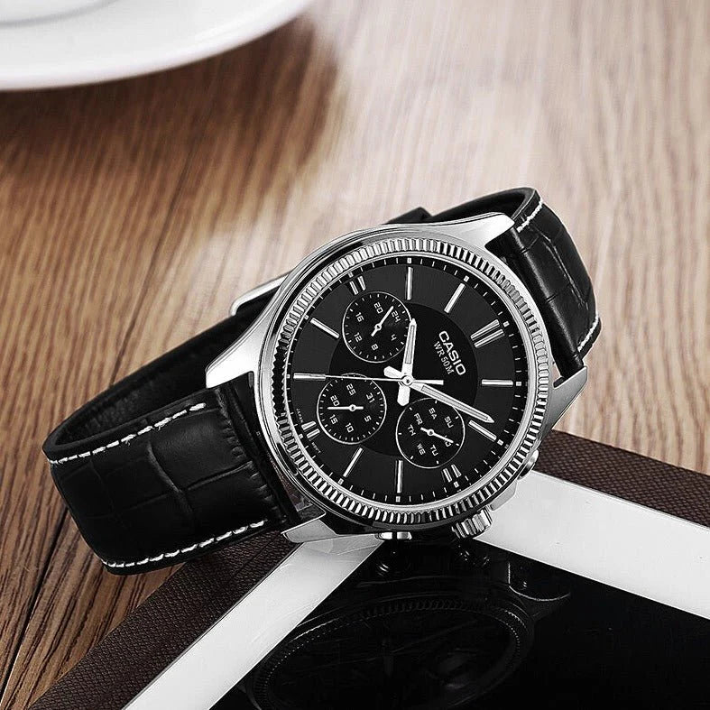 Casio Chrono Men's Black Leather Analogue Watch MTP-1375L-1AVDF