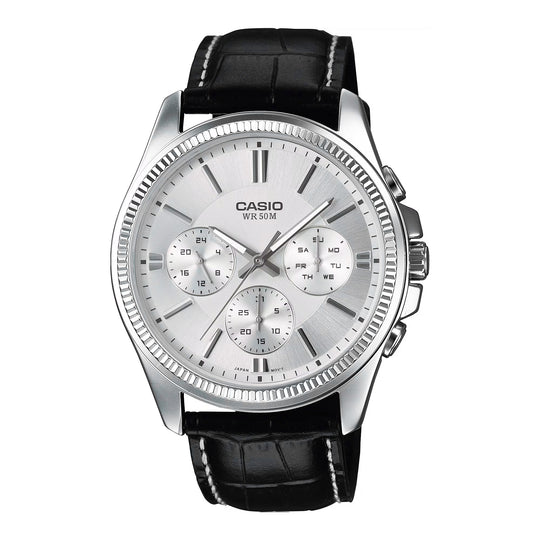 Casio Chrono Men's Silver Leather Analogue Watch MTP-1375L-7AVDF