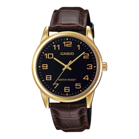 Casio Men's Black Gold Brown Leather Watch MTP-V001GL-1BUDF