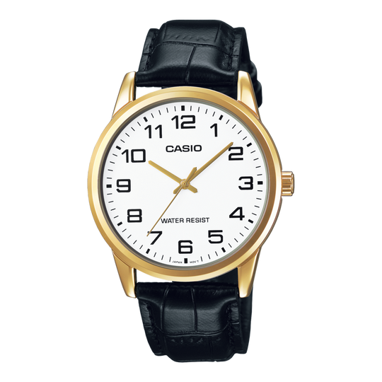 Casio Men's White Gold Black Leather Watch MTP-V001GL-7BUDF