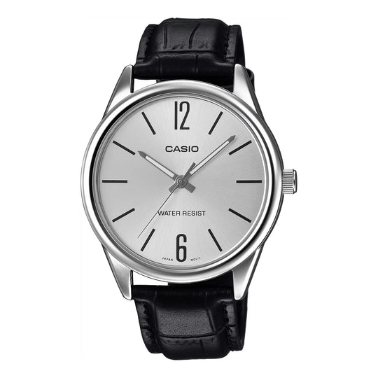Casio Classic Men's Black Leather Analogue Silver Watch MTP-V005L-7BUDF