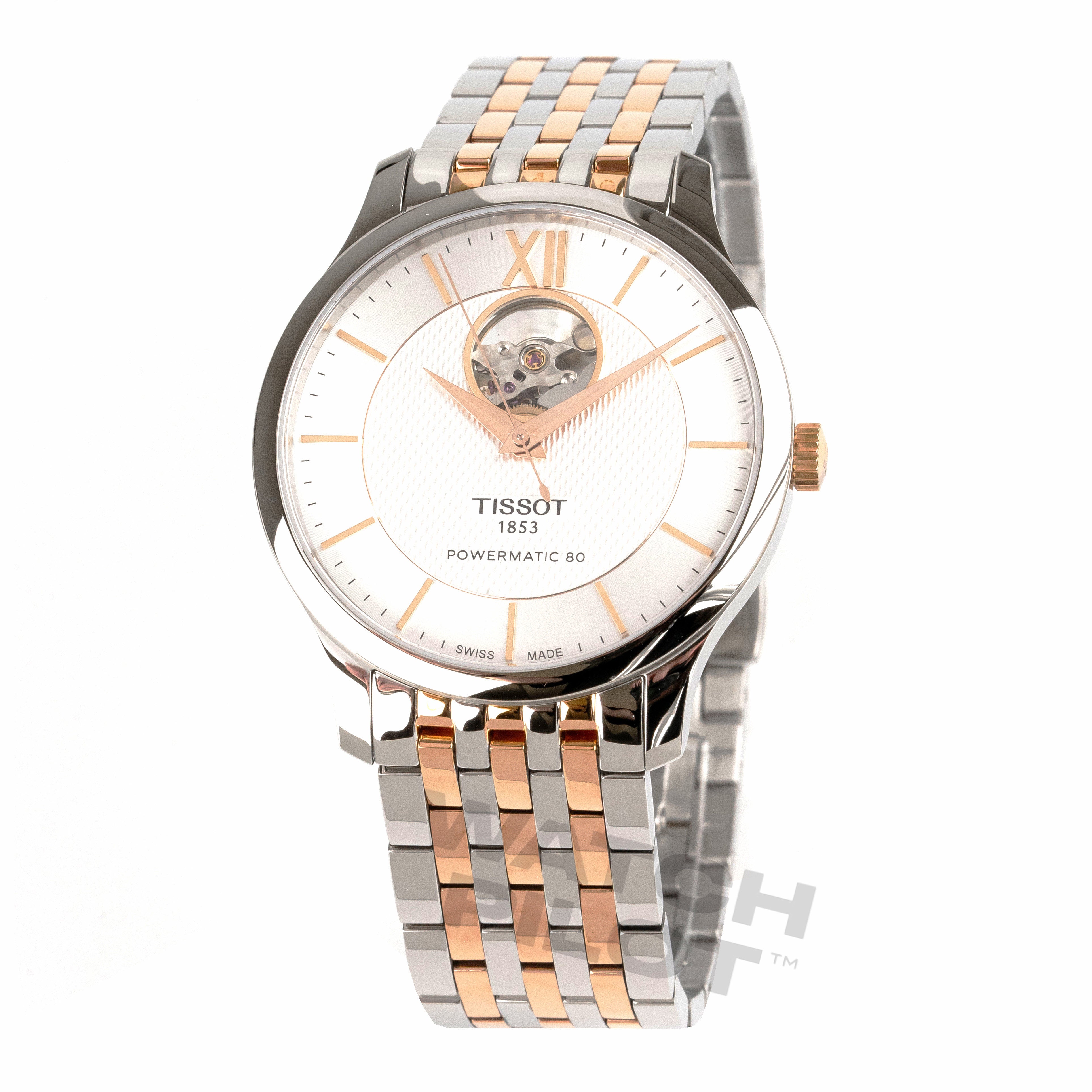 Tissot Men's Watch Tradition Powermatic 80 Open Heart Gold Rose Silver