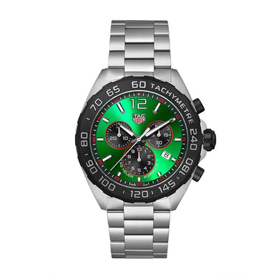 A Tag Heuer Formula 1 Chronograph Men's Watch with a green dial, stainless steel case, and  bracelet.
