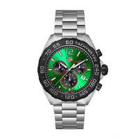 A Tag Heuer Formula 1 Chronograph Men's Watch with a green dial, stainless steel case, and  bracelet.