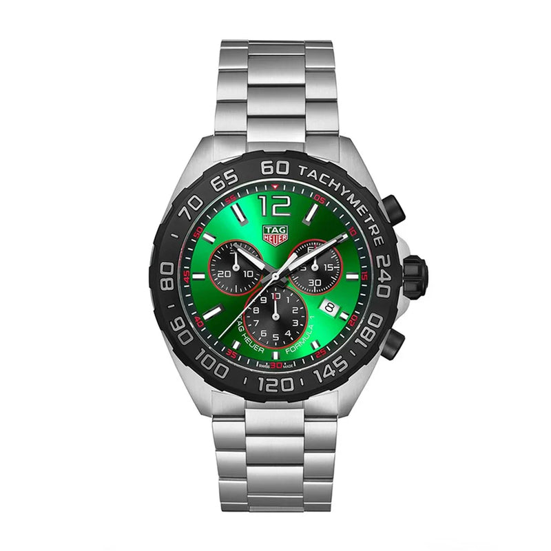 A Tag Heuer Formula 1 Chronograph Men's Watch with a green dial, stainless steel case, and  bracelet.