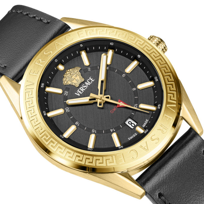 Versace V-Code GMT Men’s Black Gold Watch | Swiss Luxury Timepiece