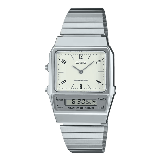 Casio Watch Vintage White Grey Dual Time Steel Flat Link AQ-800E-7A2DF