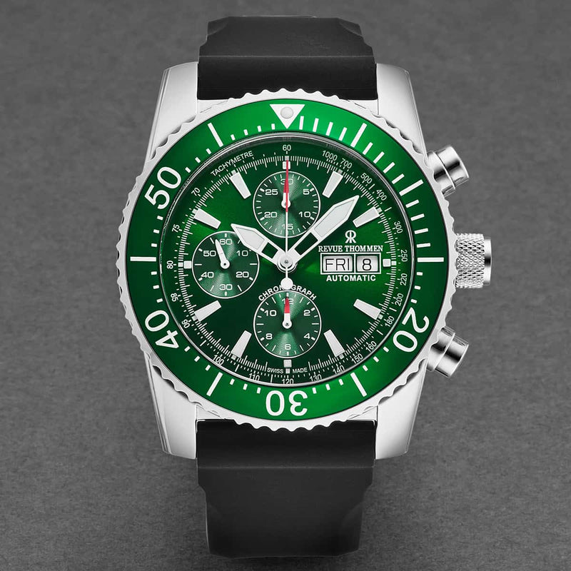 Revue Thommen Diver Men's Green Rubber Strap Chronograph Automatic Watch 17030.6532