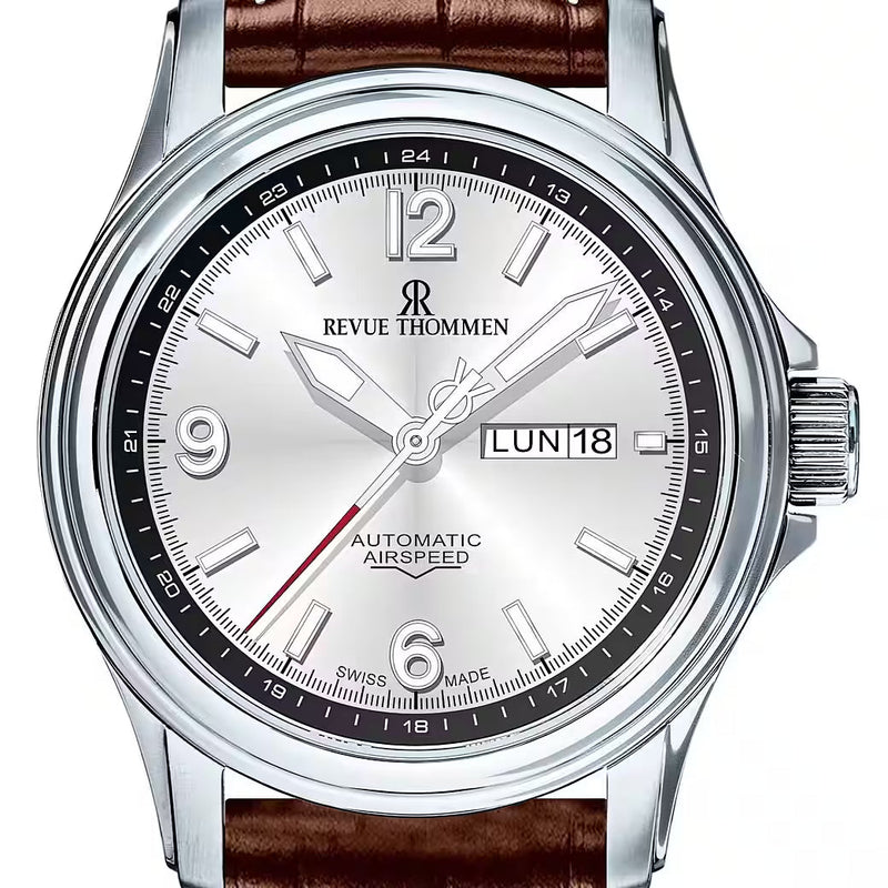 Revue Thommen Men's Airspeed Silver Brown Leather Strap Automatic Watch 16040.2332