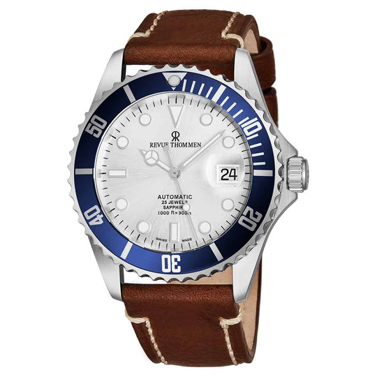 Revue Thommen Diver Men's 42mm Silver Brown Leather Strap Automatic Watch 17571.2525