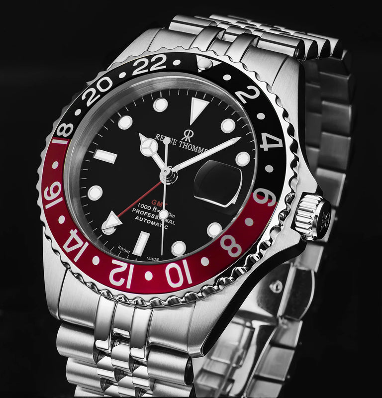 Revue Thommen Men's Diver GMT Stainless Steel 42mm Black Red Automatic Watch 17572.2236