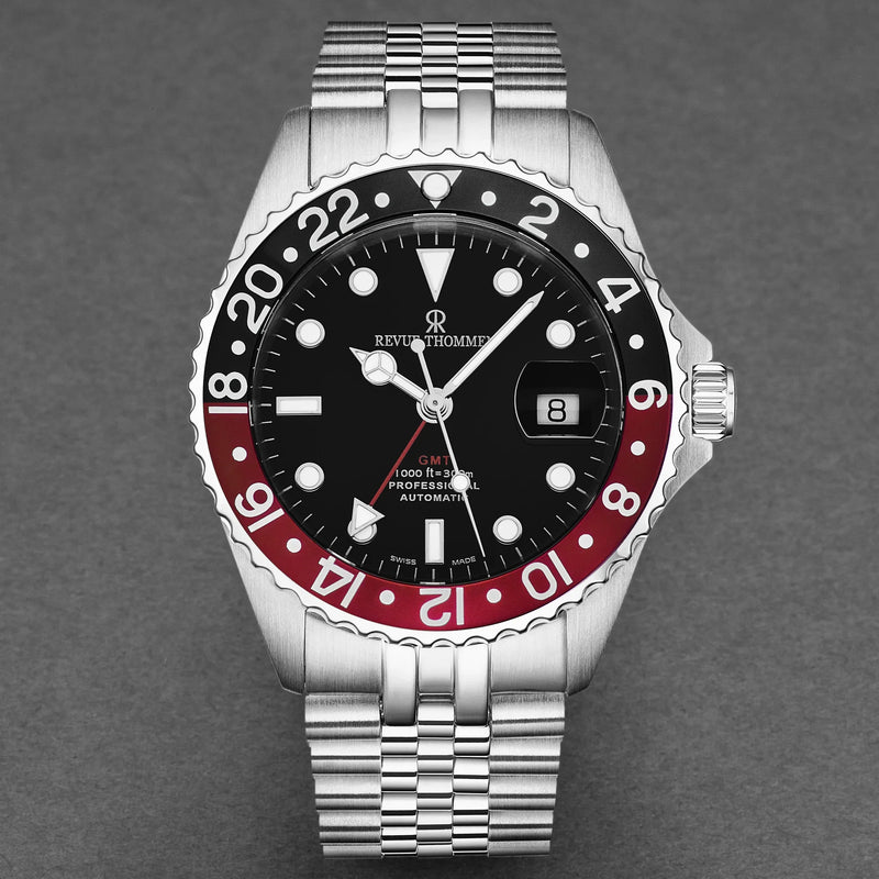 Revue Thommen Men's Diver GMT Stainless Steel 42mm Black Red Automatic Watch 17572.2236