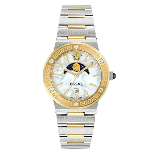 Versace Greca Logo Moonphase Ladies' White Two-Tone Watch VE7G00524
