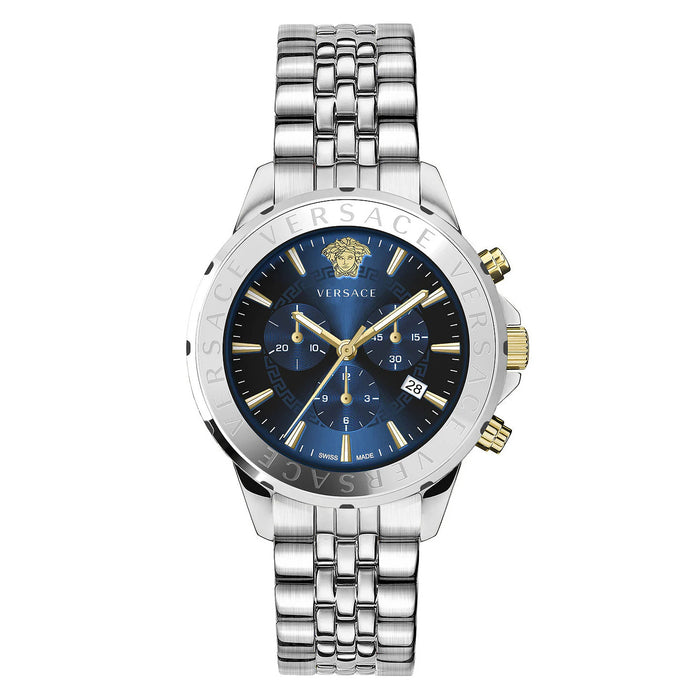 Versace Signature men's chronograph watch with blue sunray dial and gold tone accents