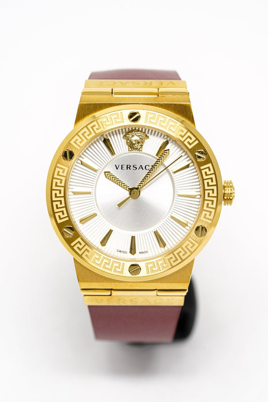 Versace Ladies Watch Greca Logo Gold Red Leather VEVH00420 - WatchPilot