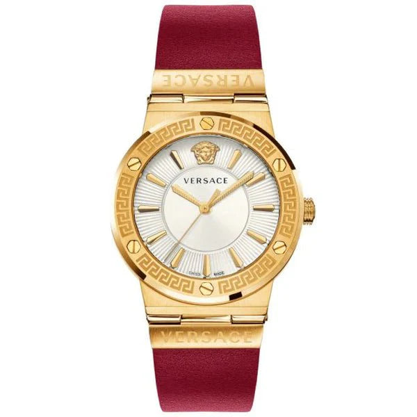 Versace Ladies Watch Greca Logo Gold Red Leather VEVH00420 - WatchPilot