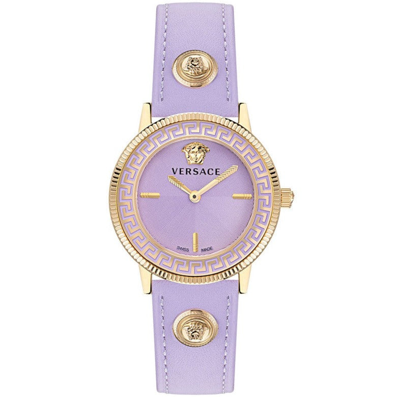Woman’s Versace watch. Very light purple. Almost grey color with gold. Versace Greca Jewel Quartz Gold Dial Ladies Watch VEWCA0524  main image 4